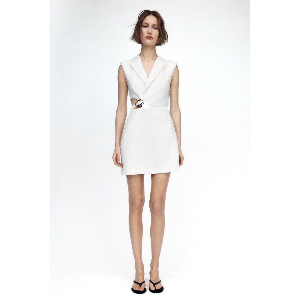 Zara Womens Cut Out Dress Large Ecru Sleeveless V-Neck Buckle 2800/536 NWT
